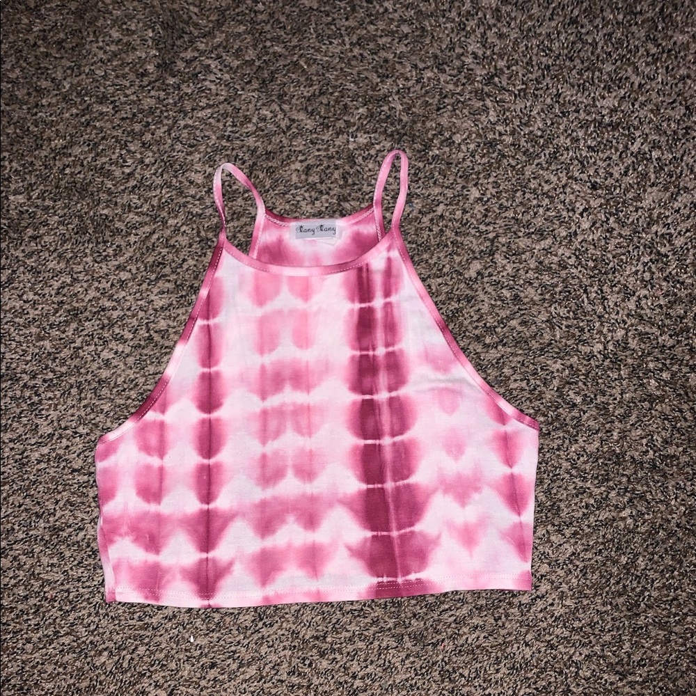Pink tye-dye crop top.
